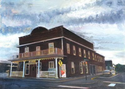 painting of old western hotel and saloon